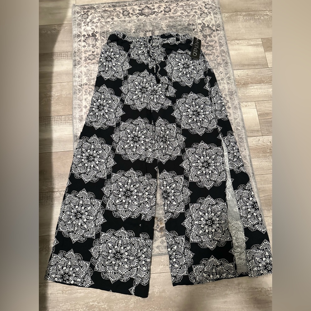 Catalina Black & White Wide Leg Pants with Medallion Print
